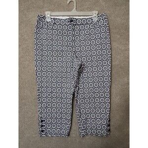 Talbots Perfect Skimmer Chino Pants Womens 14 Blue White Geometric Stretch